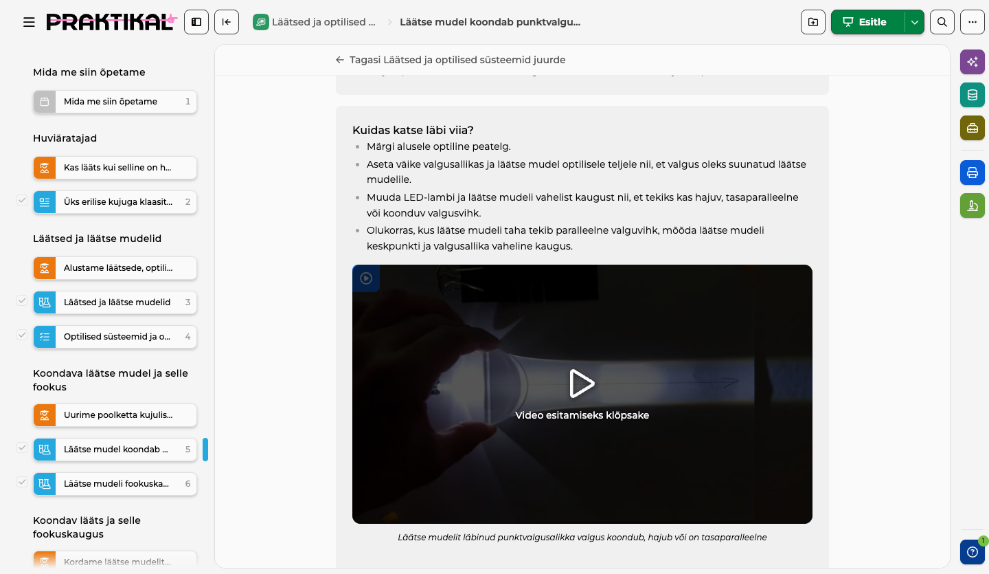 Läätse mudeli katse tööleht koos katsevideoga
