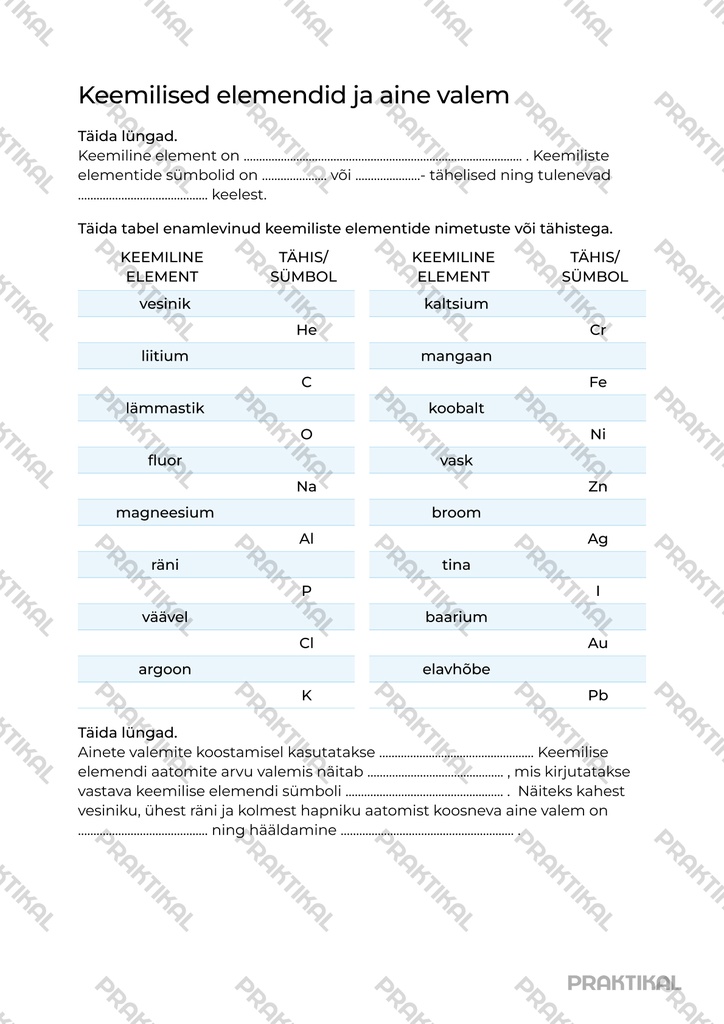 Tööleht "Keemilised elemendid ja aine valem"