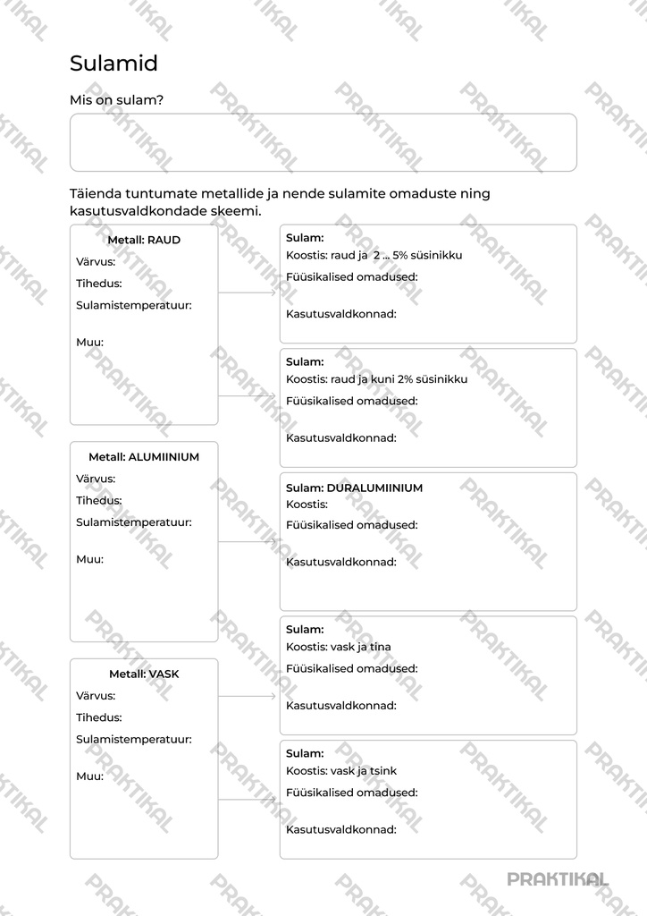 Tööleht "Metallid ja sulamid"