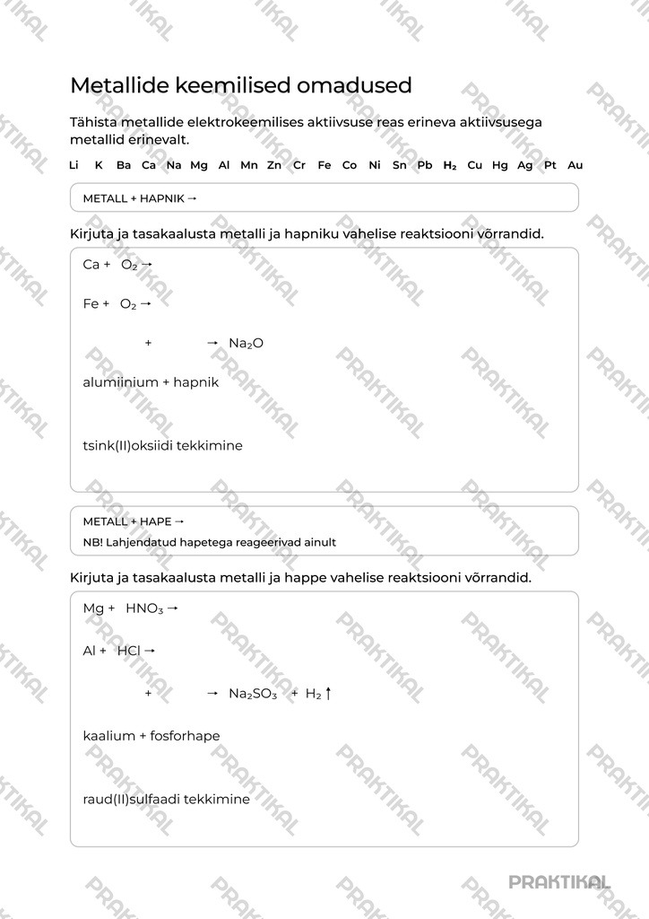 Tööleht "Metallide keemilised omadused"