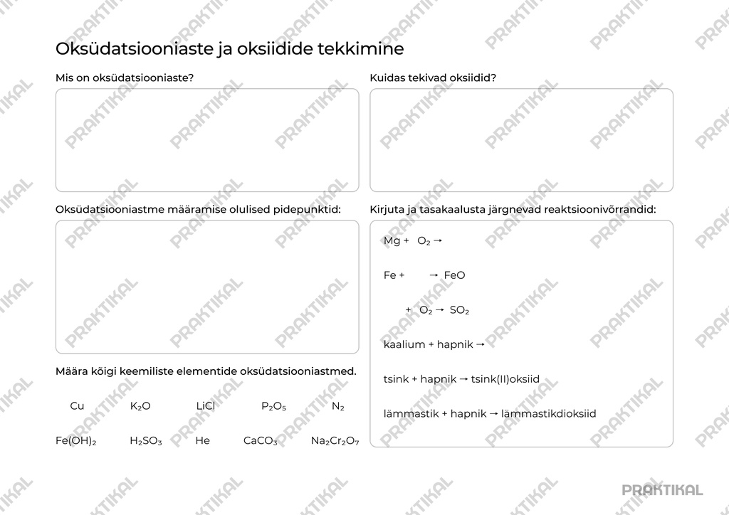 Tööleht "Oksüdatsiooniaste ja oksiidide tekkimine"