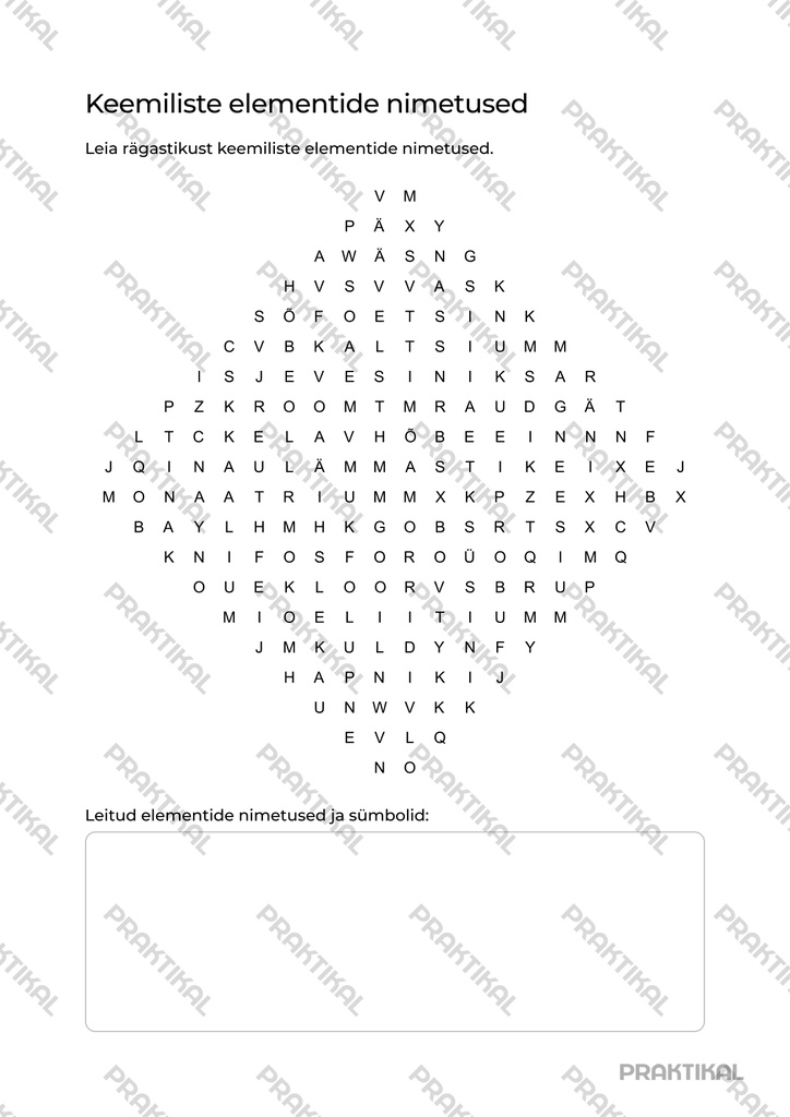 Tööleht "Keemiliste elementide rägastik"